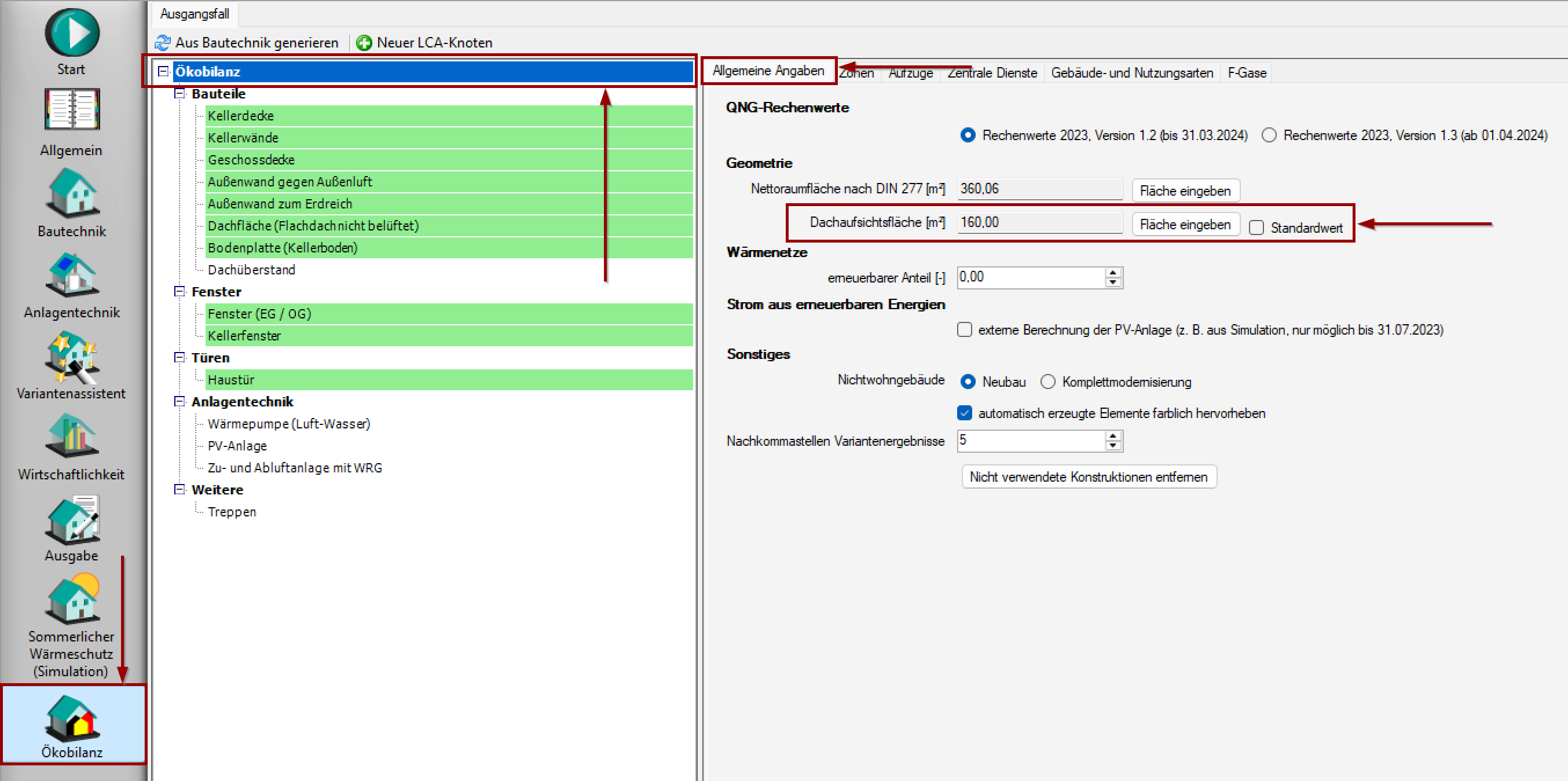 Eingabe Dachaufsichtsfläche