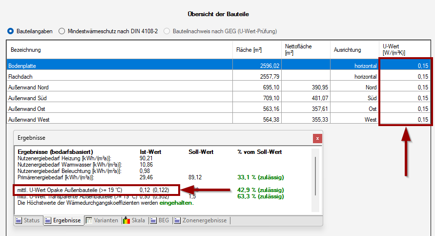 Eingabe und Ergebnis mittlerer U-Wert