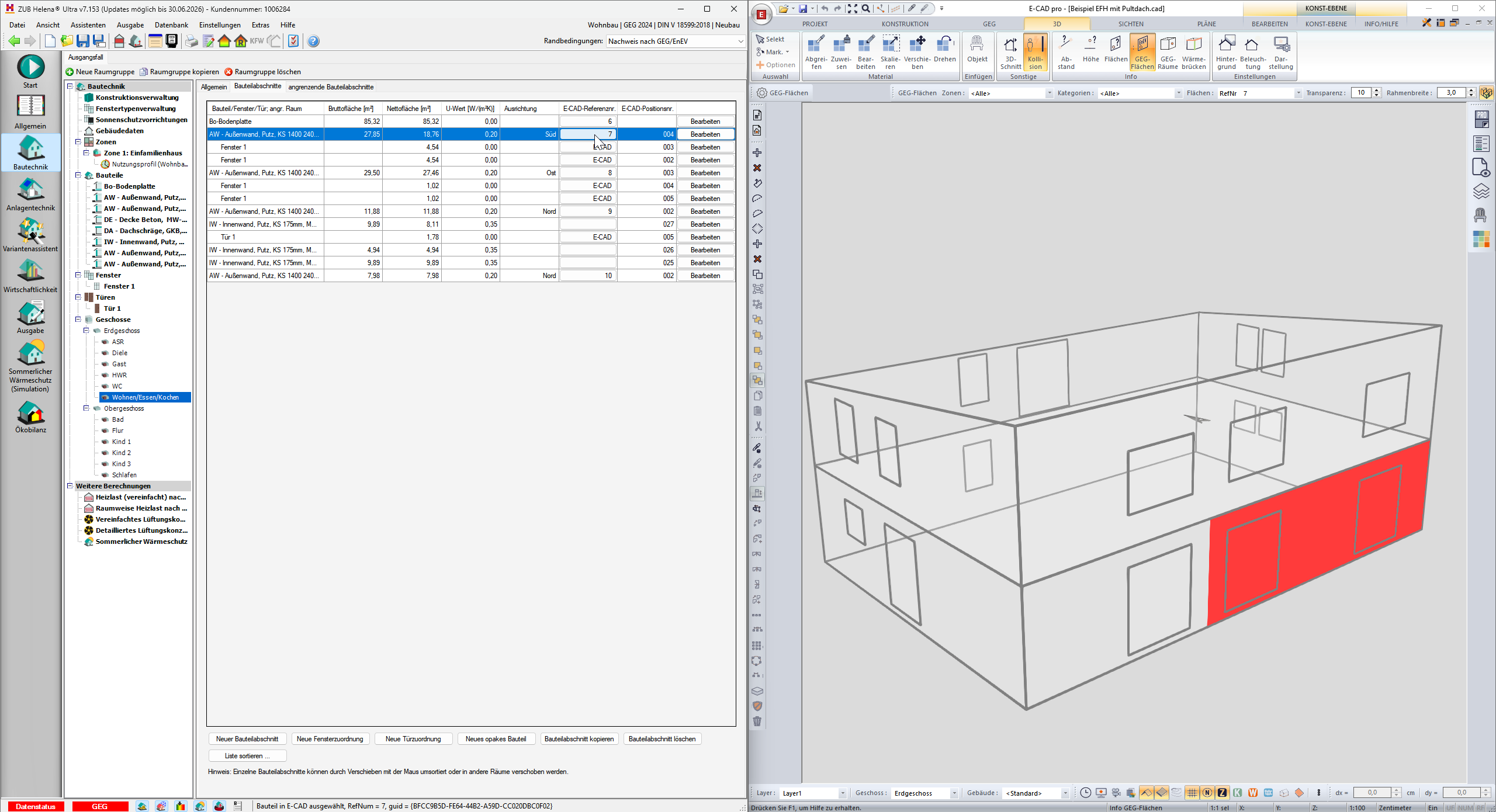 ZUB Helena und ZUB E-CAD, Programmabschnitte Bautechnik und Konstruktionsmodus, Anzeige des Bauteilabschnittes in ZUB E-CAd im 3D-Modus nach Auswahl in ZUB Helena