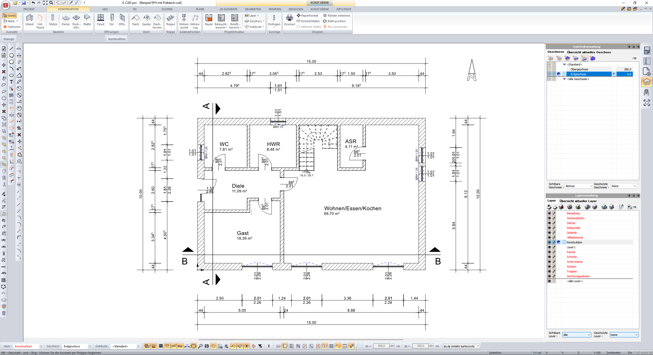 ZUB E-CAD, Programmabschnitt Konstruktionsmodus, automatisch geöffnetes Projekt
