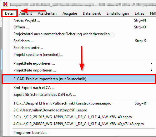 ZUB Helena, Registerkarte Datei, E-CAD-Projekt importieren (nur Bautechnik)