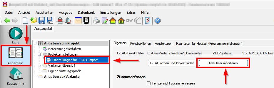 ZUB Helena, Programmabschnitt Allgemein, Xml-Datei importieren