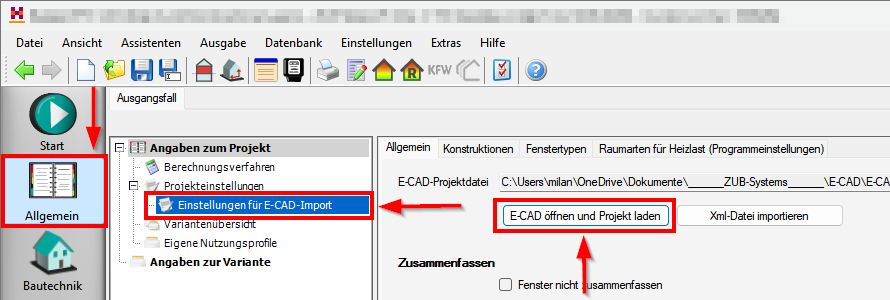 ZUB Helena Programmabschnitt Allgemein, E-CAD öffnen und Projekt laden