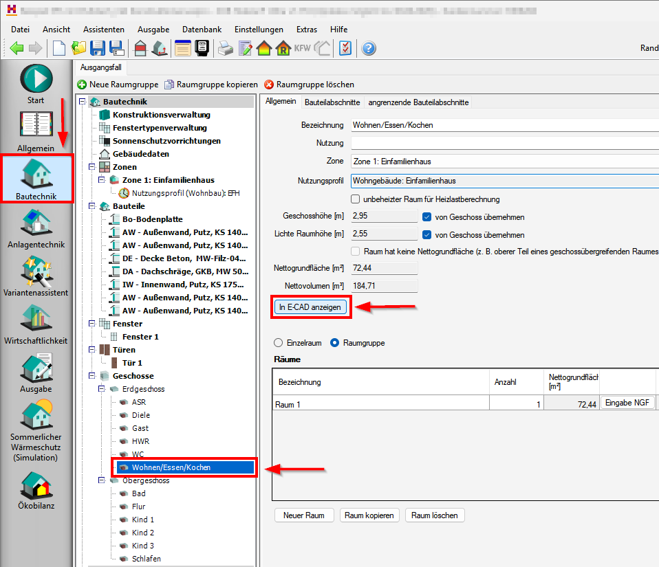 ZUB Helena, Programmabschnitt Bautechnik, Schaltfläche Raum In E-CAD anzeigen