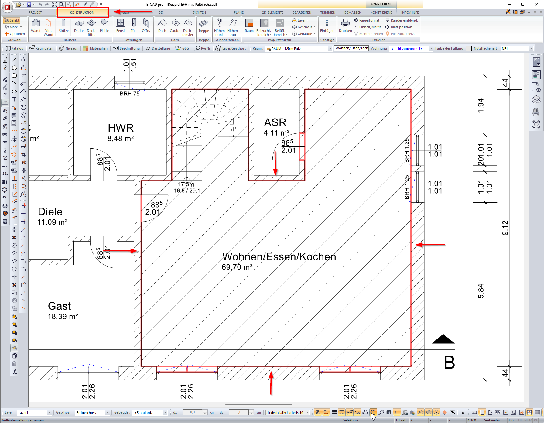 ZUB E-CAD, Programmabschnitt Konstruktionsmodus, Anzeige des ausgewählten Raumes in ZUB Helena