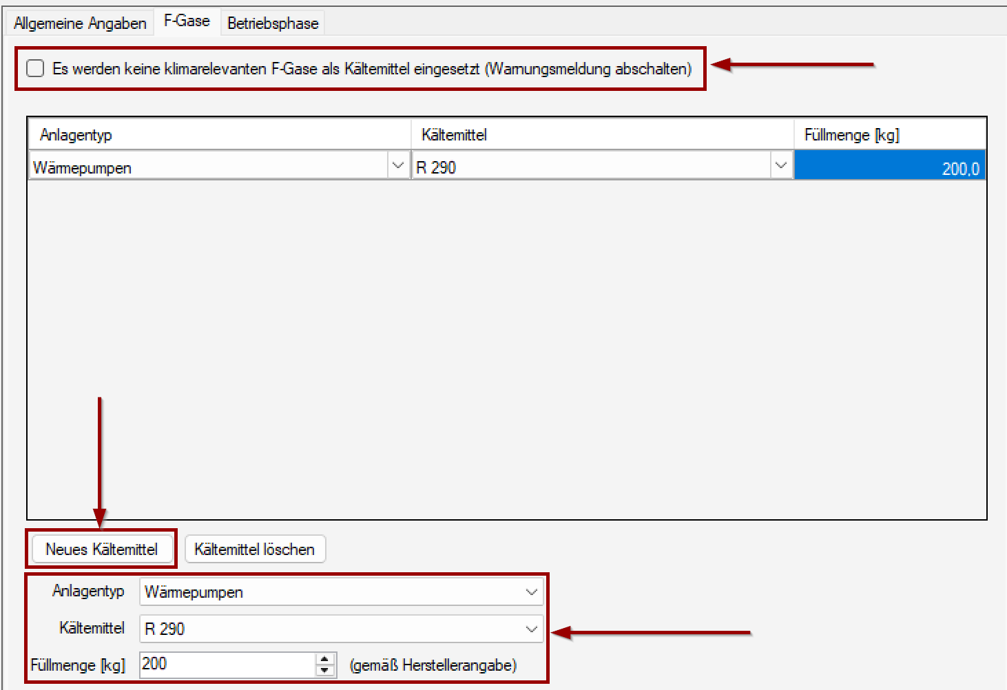 Kältemittel anlegen
