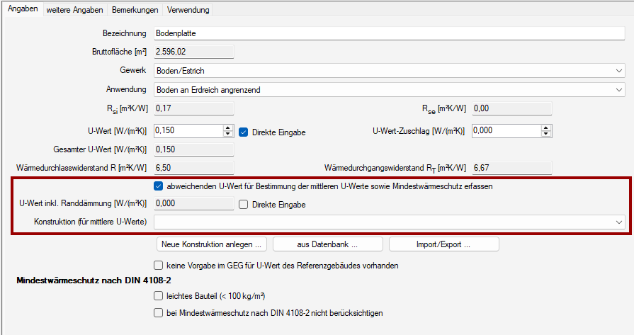 Eingabe abweichender U-Wert