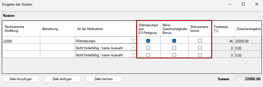 Variantenassistent Eingabe der Kosten